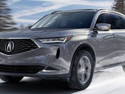 Car on snow and snow capped mountains background